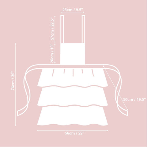 2. Size chart for ladies lemon print apron with ruffles, showing dimensions in cm and inches