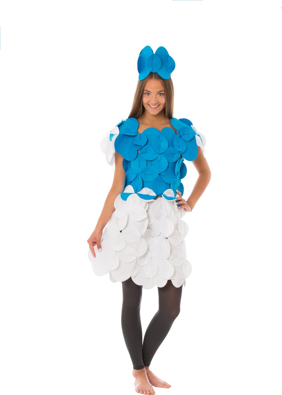 2. Woman wearing blue and white felt costume with headpiece, smiling on black background