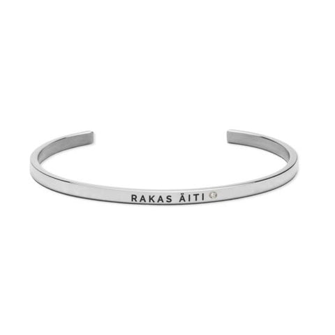 2. Studio image of Olla RAKAS ĆITI bracelet in silver, featuring engraved message and polished stainless steel