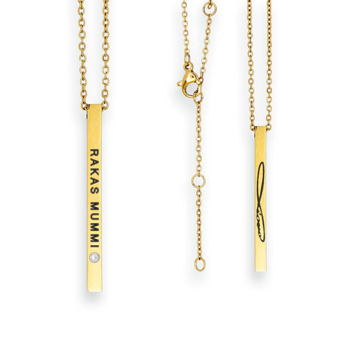 3. Olla RAKAS MUMMI necklace in gold stainless steel with engraved pendant, studio shot