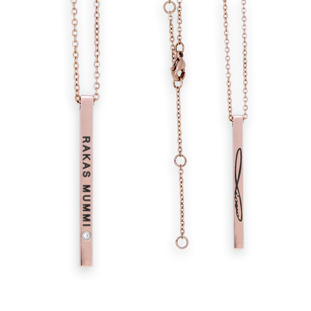 4. Olla RAKAS MUMMI necklace in rose gold stainless steel with engraved pendant, studio shot