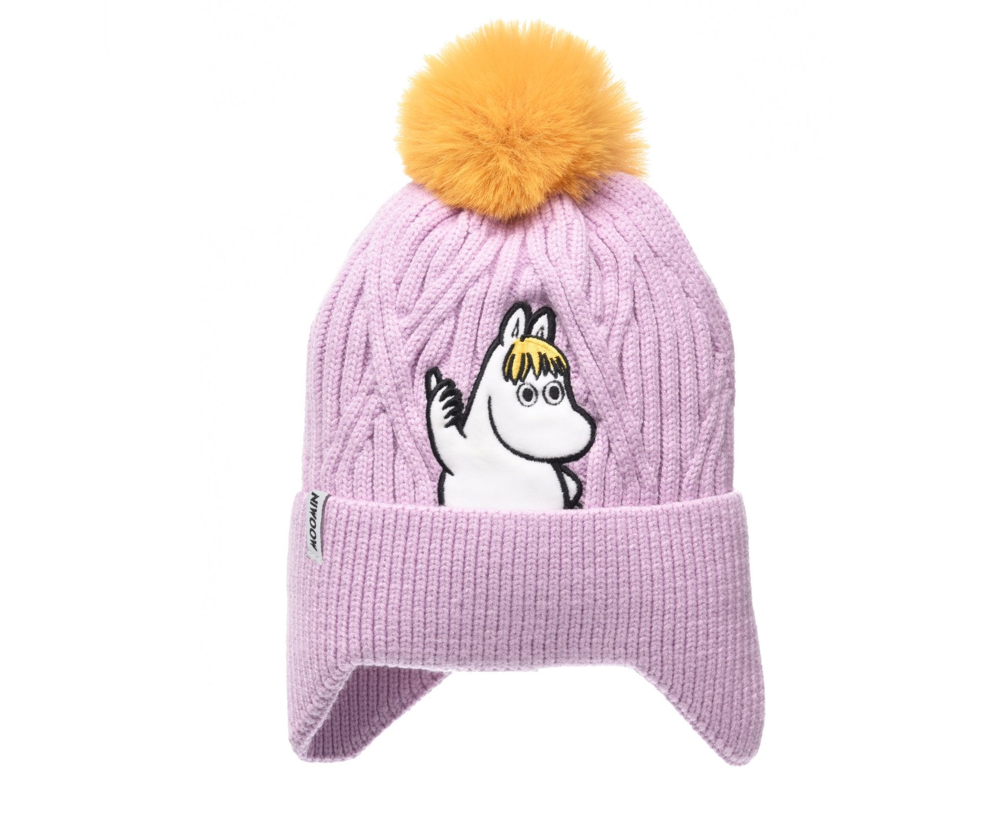 1. Kids' Snorkmaiden Winter Beanie in lilac with yellow pom-pom, featuring Moomin character, studio shot