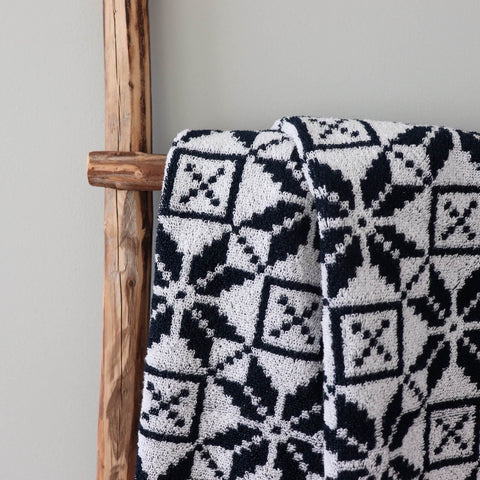 3. Close-up of black and white Hiiumaa mitten pattern on soft terry sauna towel