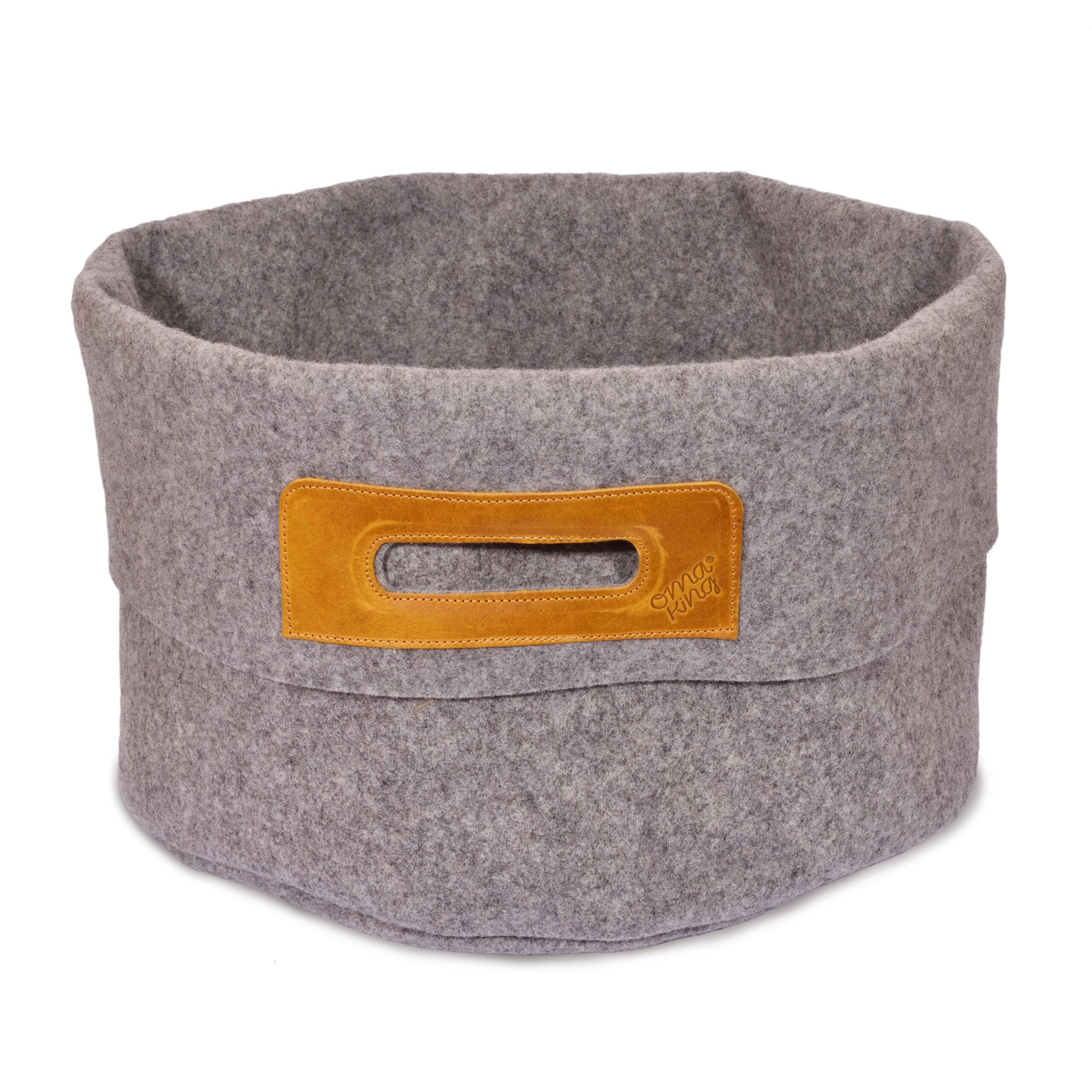 1. Omaking grey wool felt basket with cognac leather handle, showcasing sturdy design and generous capacity, studio shot