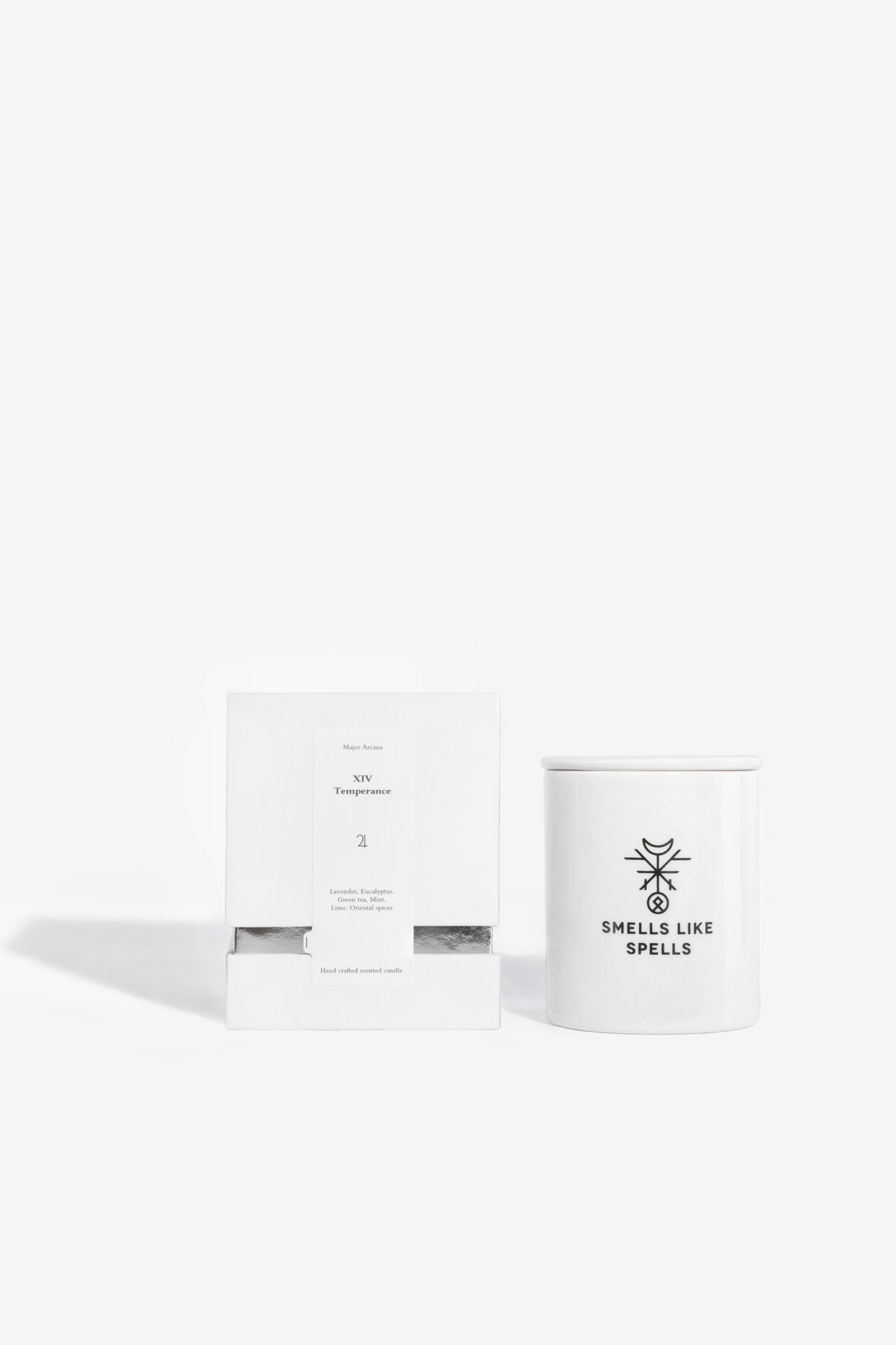 1. Scented Candle TEMPERANCE by Smells Like Spells in hand-made porcelain container with packaging, studio setting