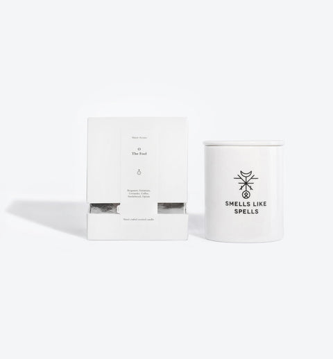 1. Smells Like Spells Scented Candle THE FOOL with packaging, featuring elegant porcelain container and mystical design