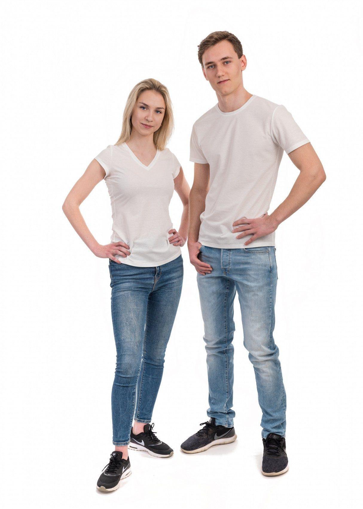 1. Unisex white tan-through t-shirts by Smarttan worn by male and female models in studio setting