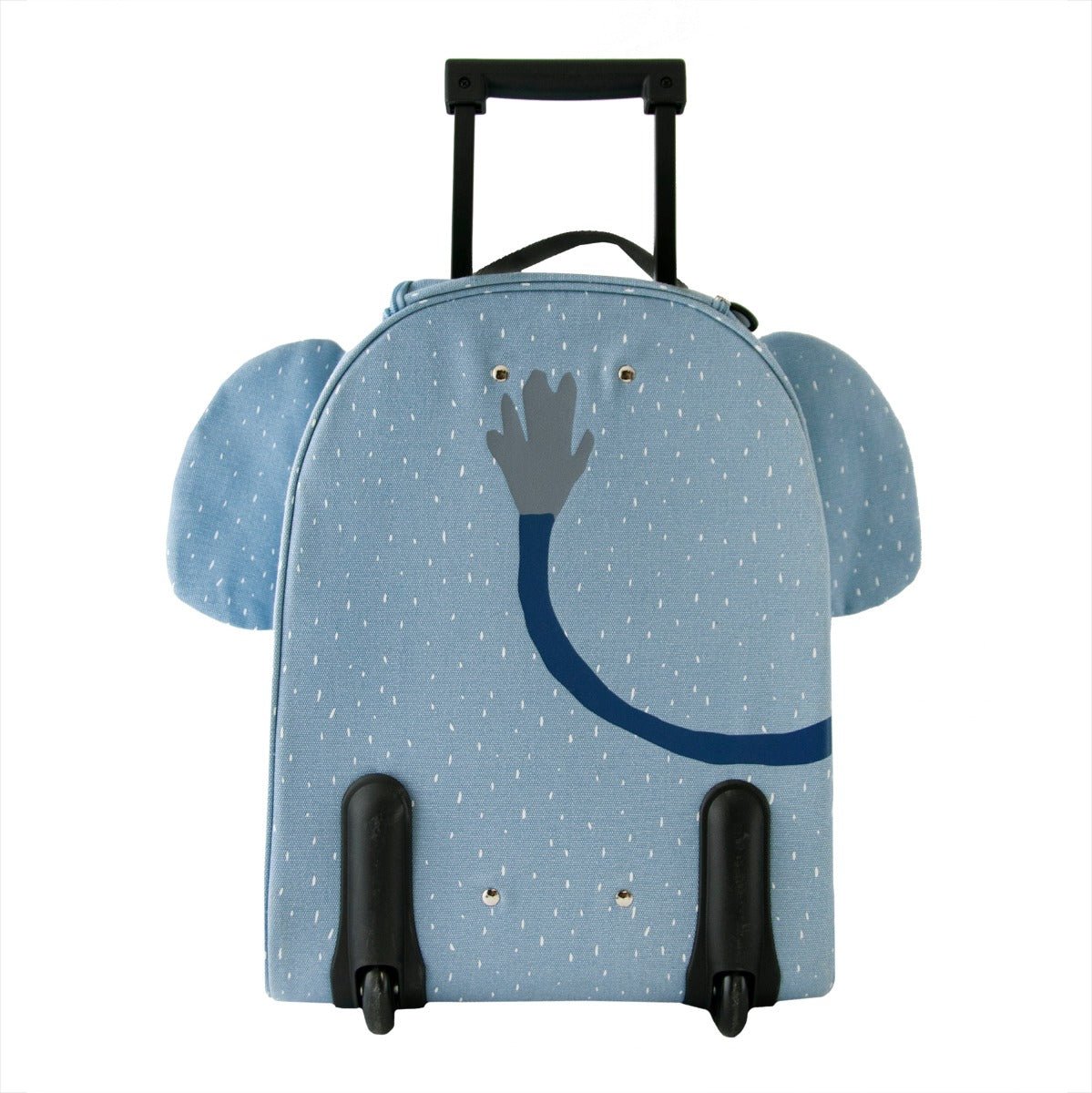3. Back view of Trixie Baby Mr Elephant travel trolley showing wheels and elephant tail design