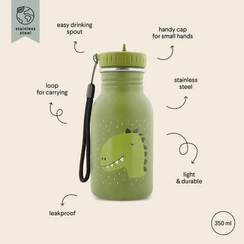 3. Green stainless steel bottle with dinosaur illustration, labeled features including easy drinking spout and leakproof design, 350 ml capacity