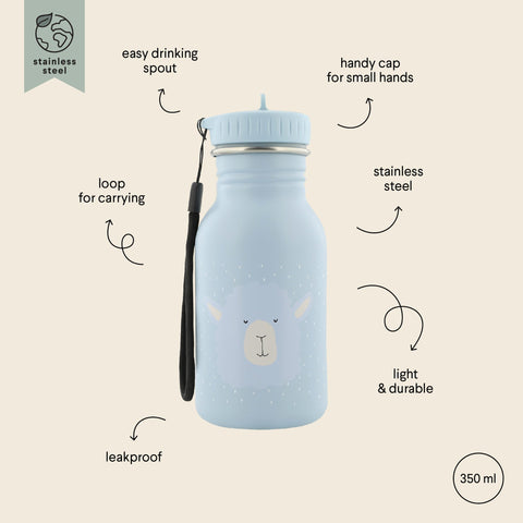 4. Light blue stainless steel bottle with alpaca design and labeled features on beige background