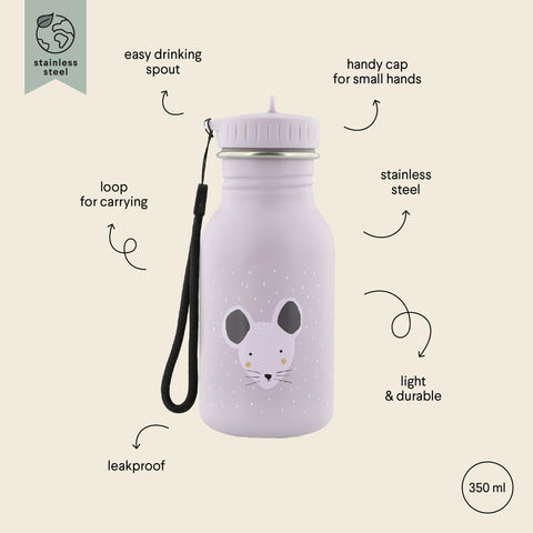 3. Close-up of Trixie Baby Mrs Mouse stainless steel bottle with labeled features like easy drinking spout and leakproof design
