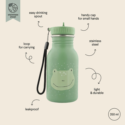 3. Green stainless steel bottle with frog design, labeled features including leakproof and carrying loop, Trixie Baby