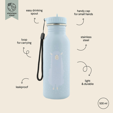 4. Light blue Trixie Baby bottle with alpaca design, labeled features include leakproof, easy spout, and carrying loop