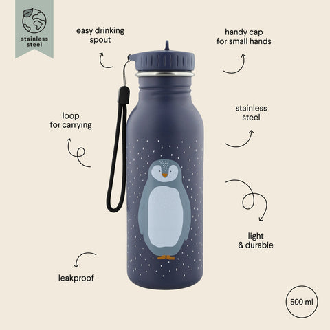 3. Close-up of Trixie Baby Mr Penguin stainless steel bottle with penguin design, highlighting features like easy drinking spout, loop for carrying, and leakproof cap