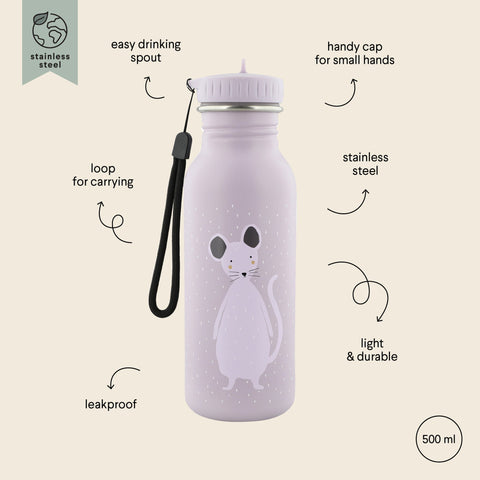 3. Close-up of Trixie Baby Mrs Mouse stainless steel bottle with mouse illustration, highlighting features like leakproof design, carrying loop, and easy drinking spout on beige background