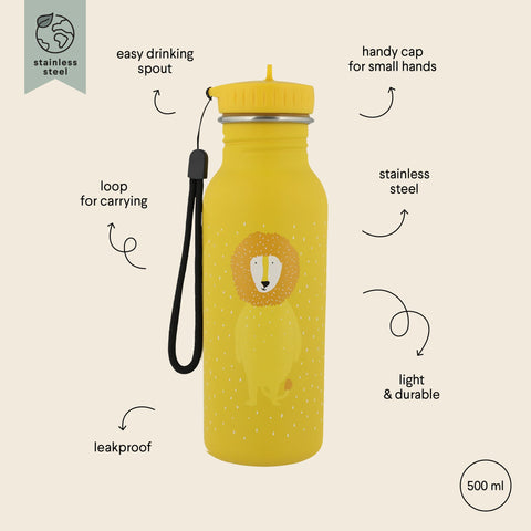 1. Yellow stainless steel bottle with lion illustration and black carrying loop, labeled features include easy drinking spout and leakproof design