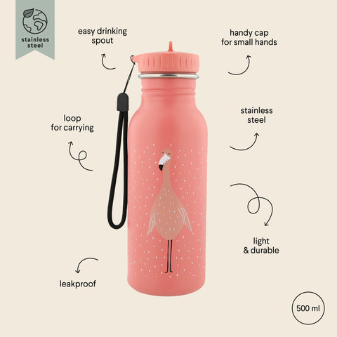 3. Illustrated features of pink Trixie Baby stainless steel bottle with flamingo design, highlighting leakproof and lightweight attributes