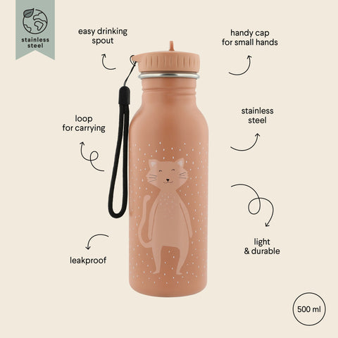 3. Close-up of Trixie Baby Mrs Cat stainless steel bottle with cat illustration, highlighting features like leakproof design, easy drinking spout, and carrying loop on beige background