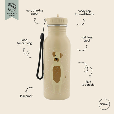 3. Close-up of beige stainless steel bottle with dog illustration and labeled features like leakproof and easy drinking spout