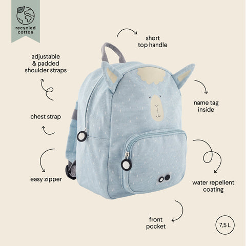 3. Close-up of blue Mr Alpaca backpack with adjustable straps, chest strap, front pocket, and water-repellent coating, featuring alpaca face design and recycled cotton label