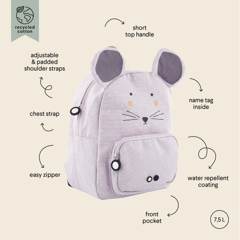 3. Close-up of Trixie Baby Mrs Mouse backpack with adjustable straps, chest strap, front pocket, and water repellent coating, made from recycled cotton