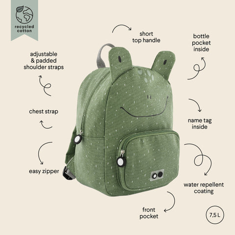 5. Size chart for Mr Frog backpack by Trixie Baby highlighting features like adjustable straps, chest strap, and water repellent coating