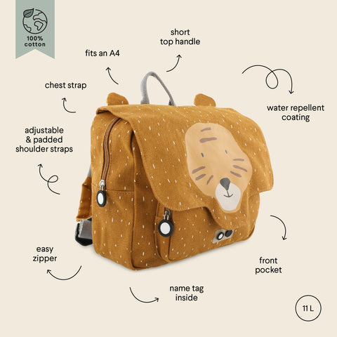 4. Side view of Trixie Baby Mr Tiger school bag with labeled features including chest strap, adjustable shoulder straps, and water repellent coating