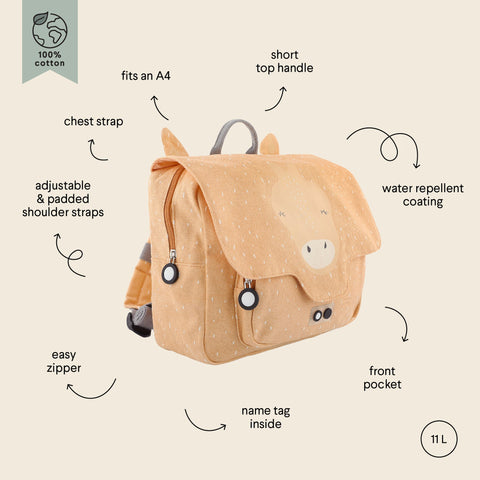 4. Flat lay of Trixie Baby Mrs Giraffe school bag with annotations highlighting features like adjustable straps and water repellent coating