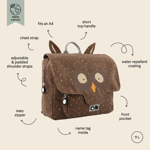 4. Flat lay of brown owl-themed school bag with labeled features like adjustable straps and water repellent coating