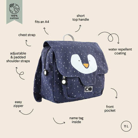 1. Navy blue children's school bag with penguin face design, featuring adjustable shoulder straps, chest strap, and front pocket, on beige background with labeled features