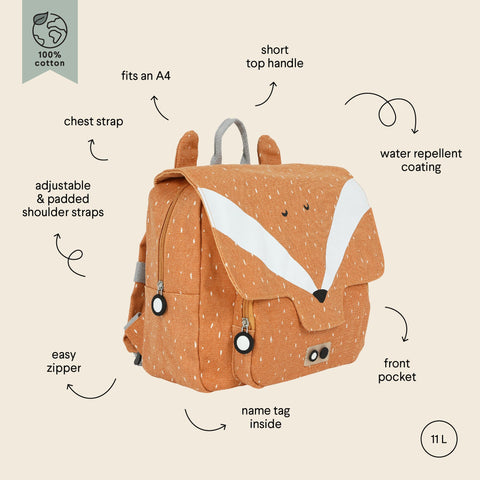 4. Illustrated features of Trixie Baby Mr Fox school bag including adjustable straps, front pocket, and water repellent coating