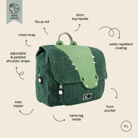 2. Green Mr Crocodile school bag with labeled features including adjustable straps, chest strap, front pocket, and water repellent coating, shown on beige background
