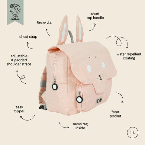 3. Side view of Trixie Baby's Mrs Rabbit school bag with annotations highlighting features like water repellent coating and front pocket