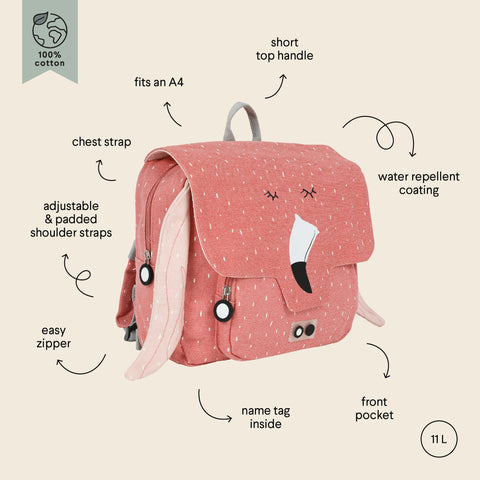 1. Pink children's school bag with flamingo design, featuring adjustable shoulder straps, chest strap, and front pocket, on a beige background with labeled features