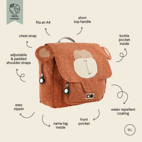 4. Flat lay of Trixie Baby Mr Monkey school bag with annotations highlighting features like chest strap, adjustable straps, and water repellent coating
