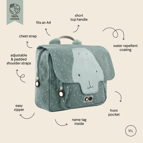 5. Size chart for Trixie Baby Mr Hippo school bag showing features like adjustable straps, chest strap, and water repellent coating