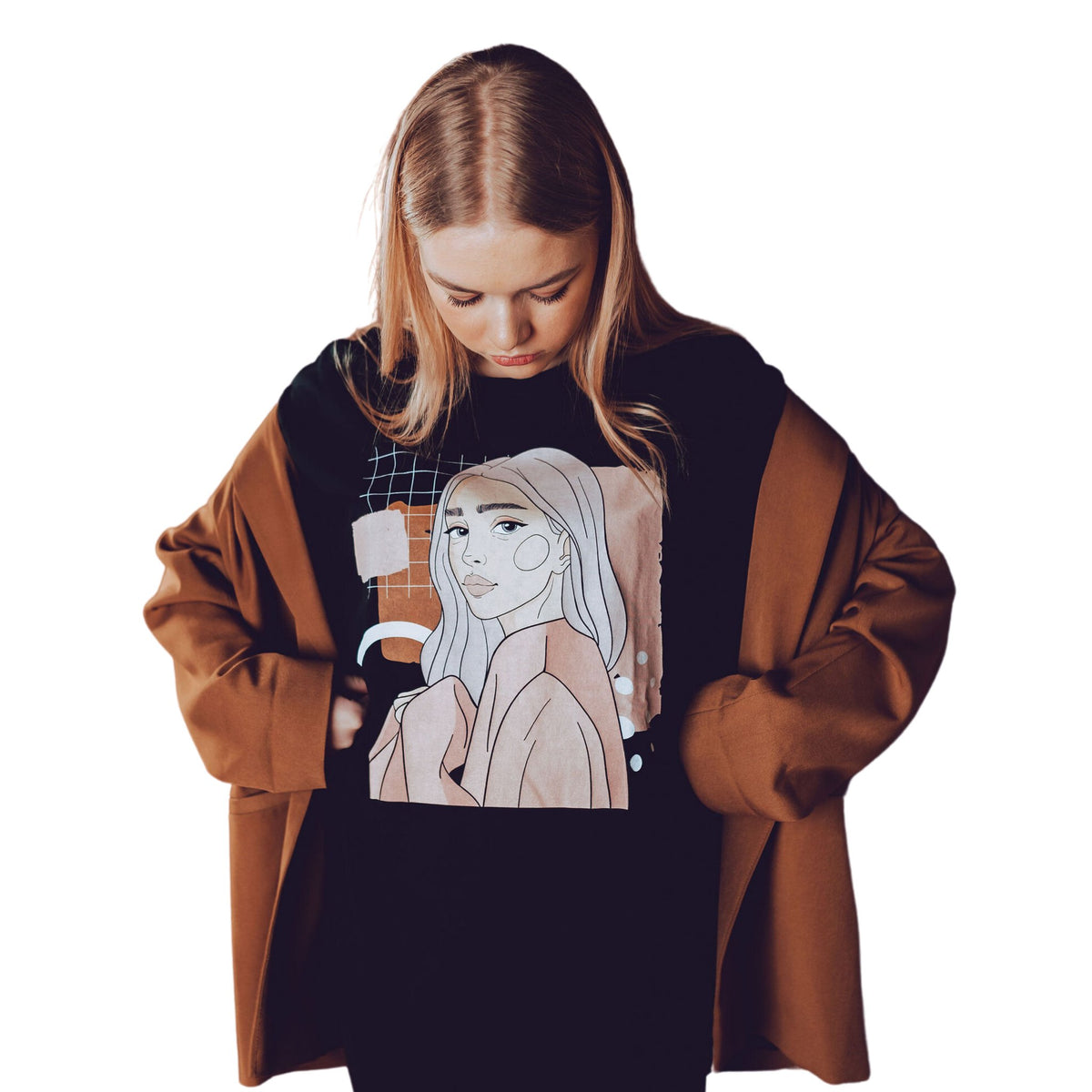 1. Unisex black organic cotton T-shirt with illustration by Getter Tiivits, worn by female model with brown jacket