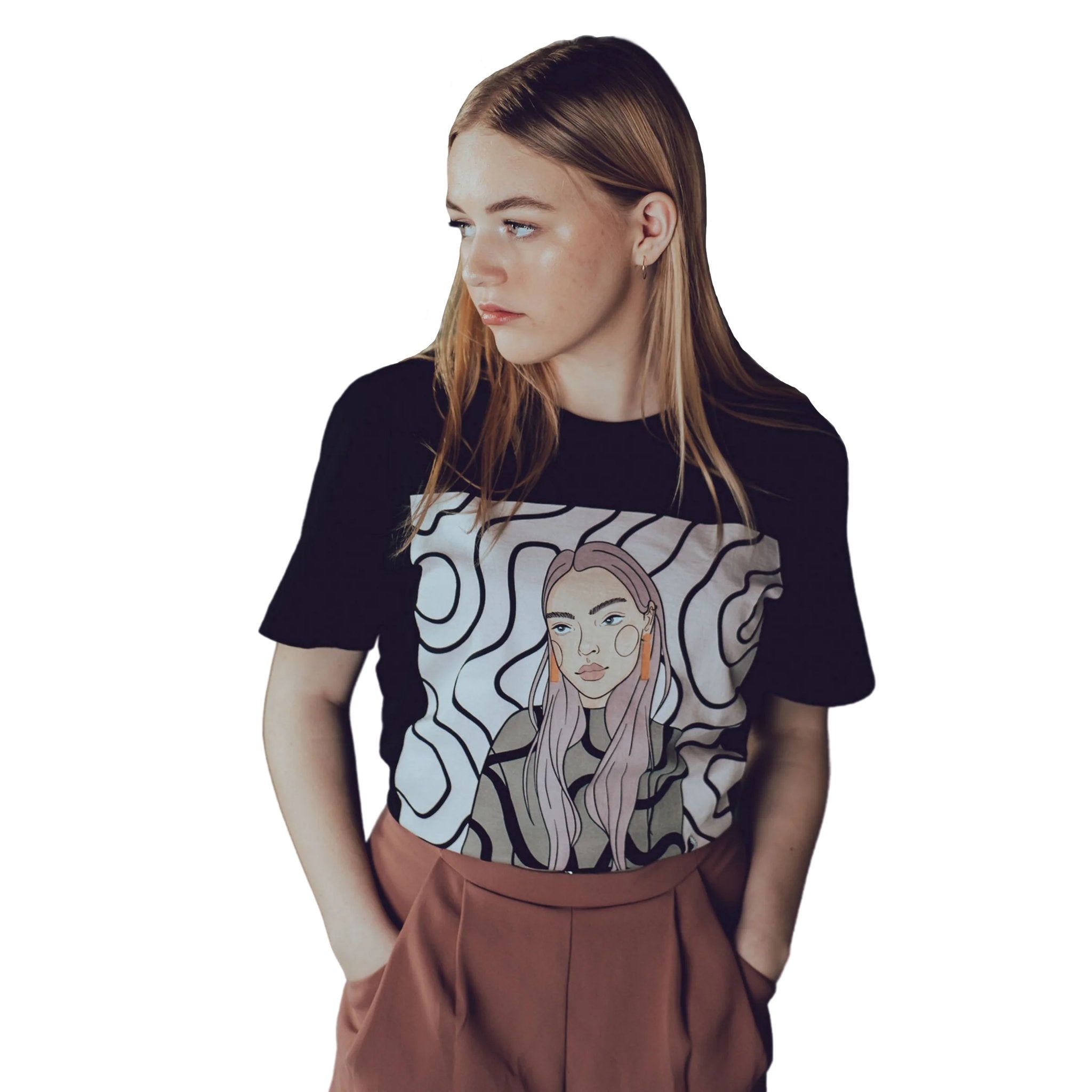 1. Unisex black organic cotton T-shirt with Getter Tiivits illustration worn by female model