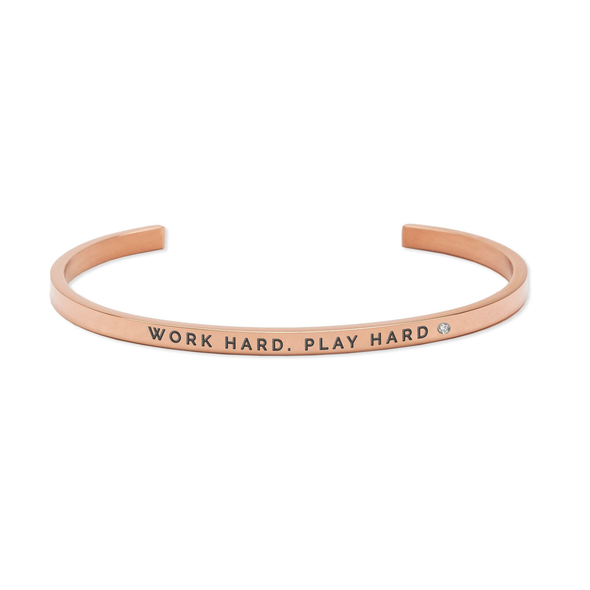 3. Rose gold Olla 'Work Hard. Play Hard' bracelet in polished stainless steel with engraved message