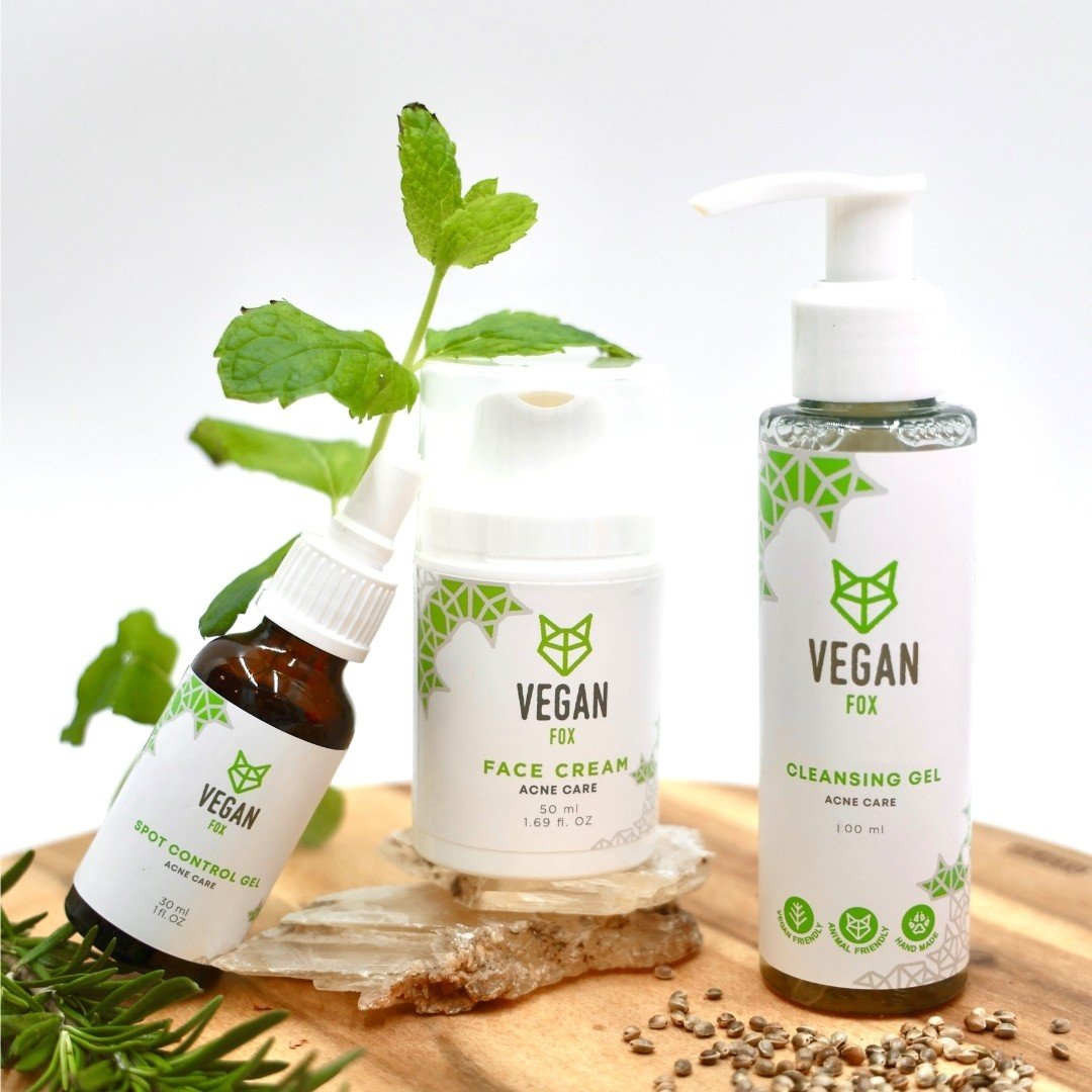 4. Vegan Fox Acne Care Face Set with face cream, spot control gel, and cleansing gel, displayed with natural elements