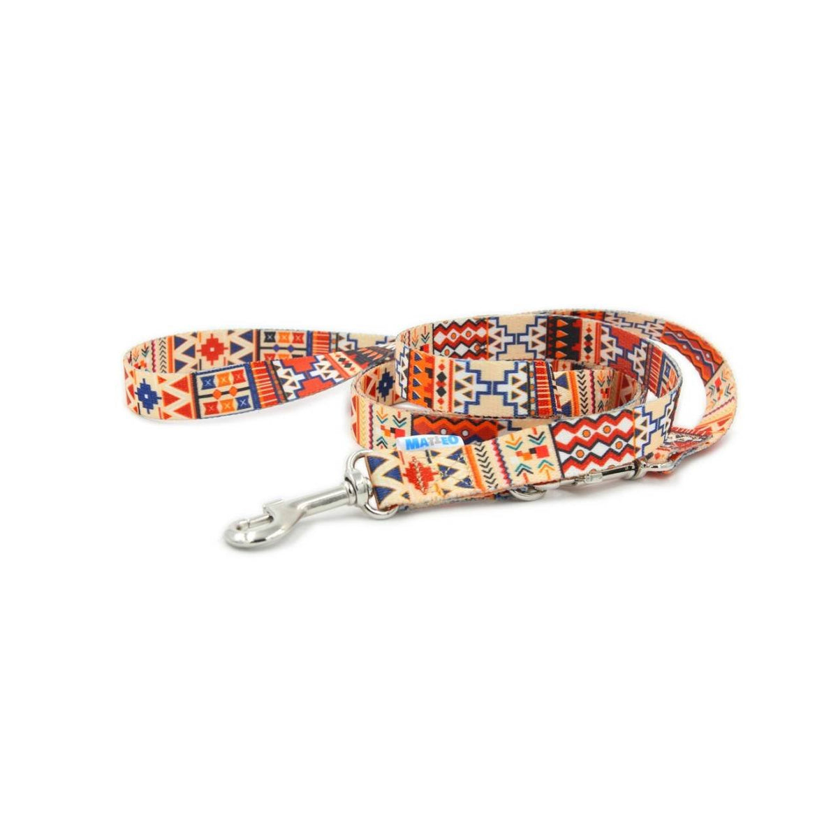 2. Adjustable dog leash with boho pattern in orange, blue, and beige, featuring durable carabineer and strong stitching, shown on white background