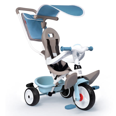 2. Blue and white Smoby Baby Balade Plus tricycle with adjustable handle and sun visor in studio setting