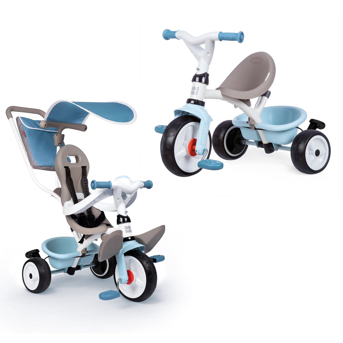 2. Blue Smoby Baby Balade Plus tricycle shown from side and front in studio setting