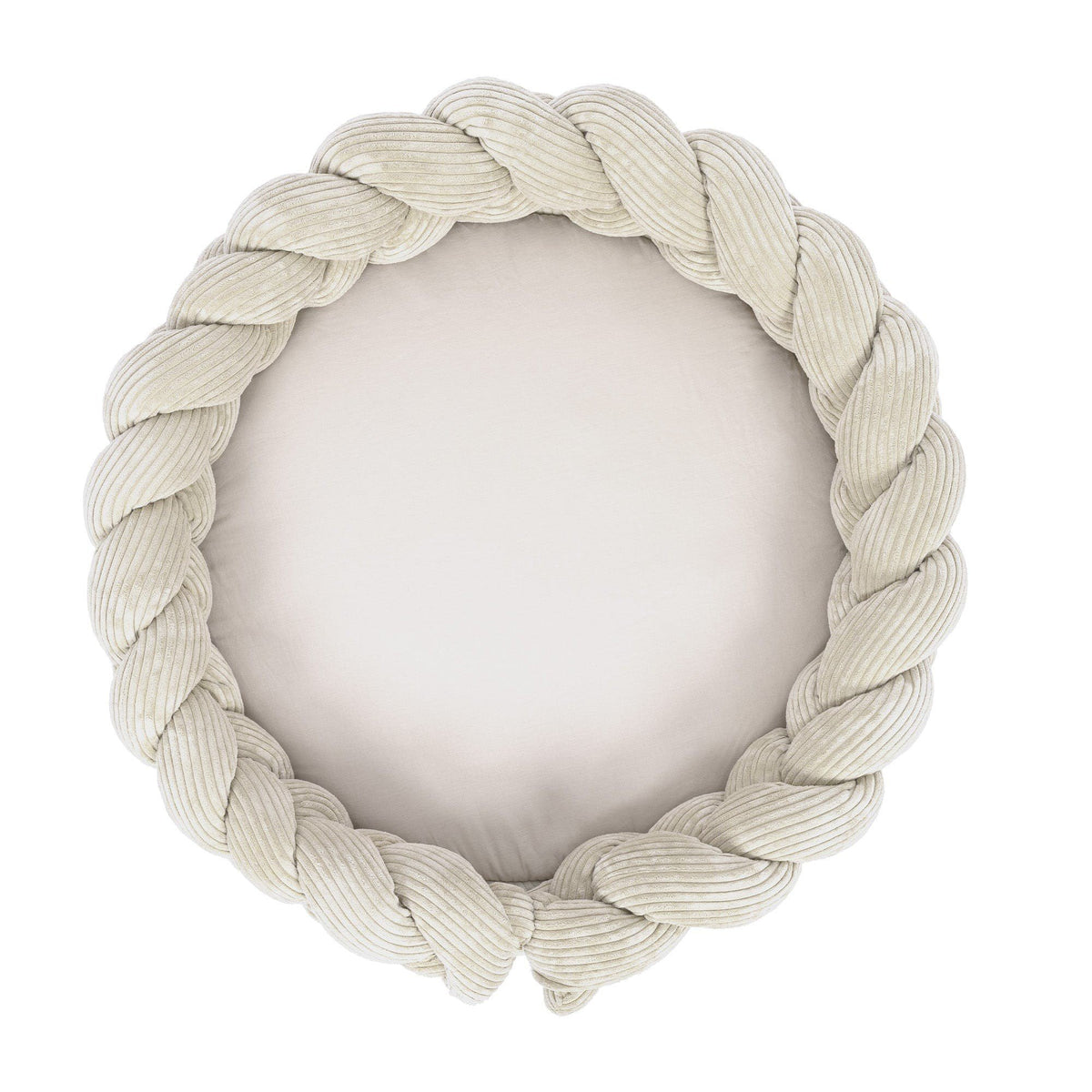 1. Ecru baby nest and play mat with braided crib bumper in ribbed corduroy and cotton, shown from top view