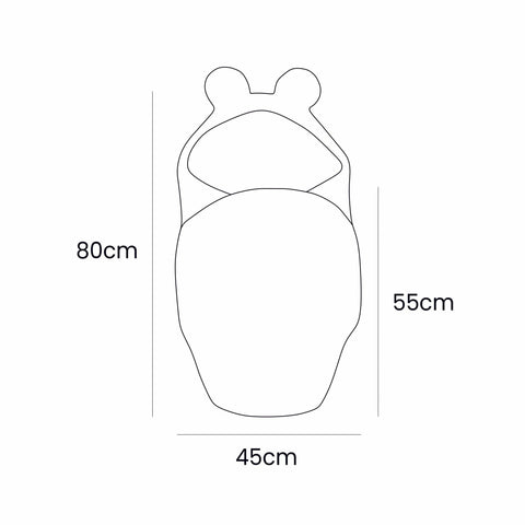 5. Size chart for baby swaddle with bear ears, showing dimensions 45 x 80 cm