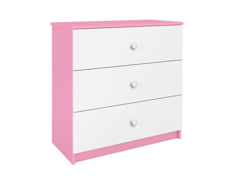 3. Angled view of white and pink Babydreams chest of drawers with three drawers