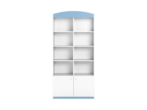 2. White and blue Babydreams double shelf with open and closed shelving, studio shot