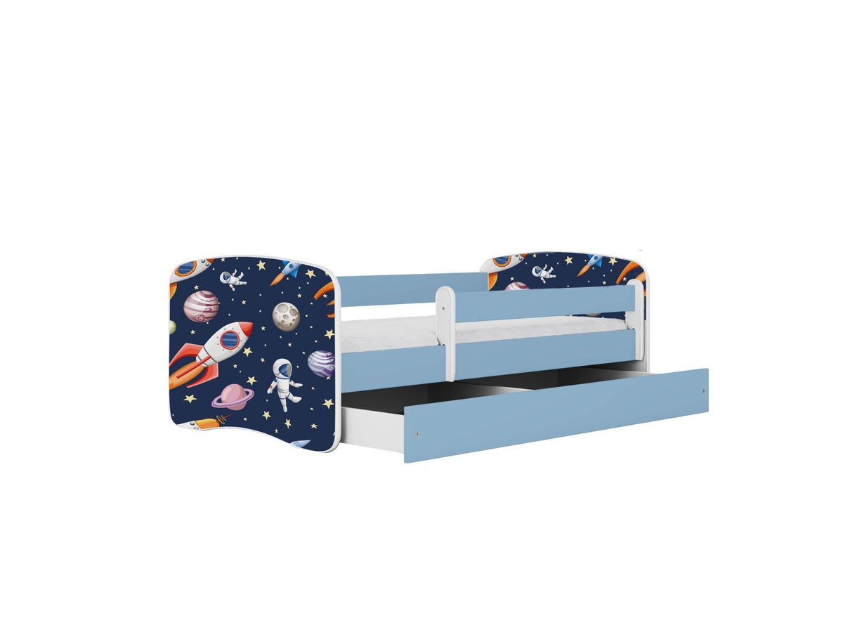 3. Blue and white children's bed with cosmos-themed graphics and open drawer for storage