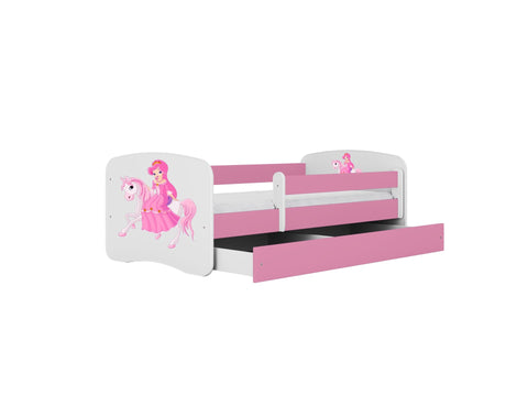 3. Pink and white children's bed with princess and horse design, featuring an open storage drawer, shown in studio.