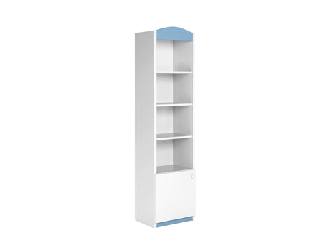 4. Angled view of Babydreams single shelf with blue accents, featuring open and closed shelves, on a white background